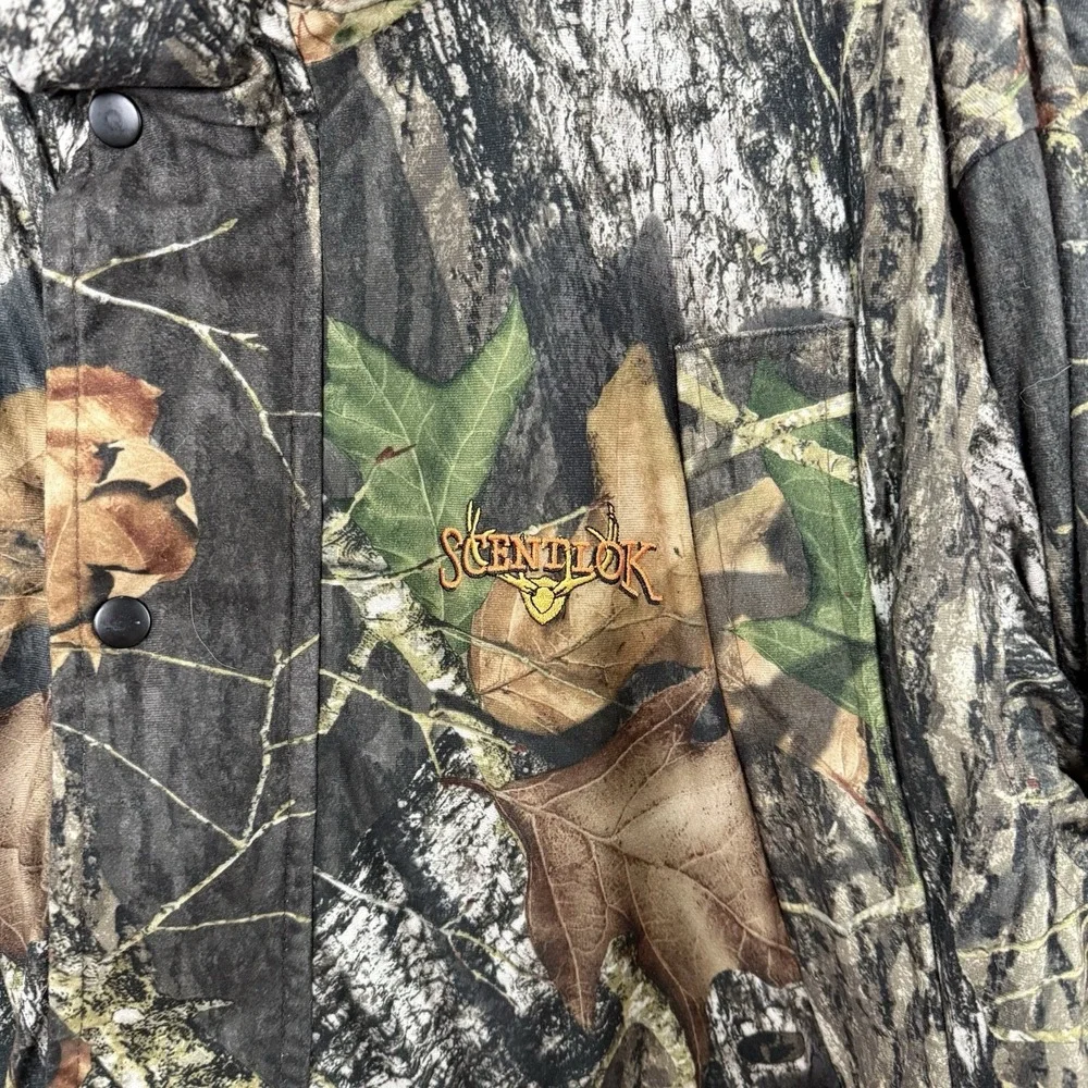 ScentLok Camo‎ Jacket Mens XL Full Zip Snap Hunting Coat Mossy Oak Pockets Lined